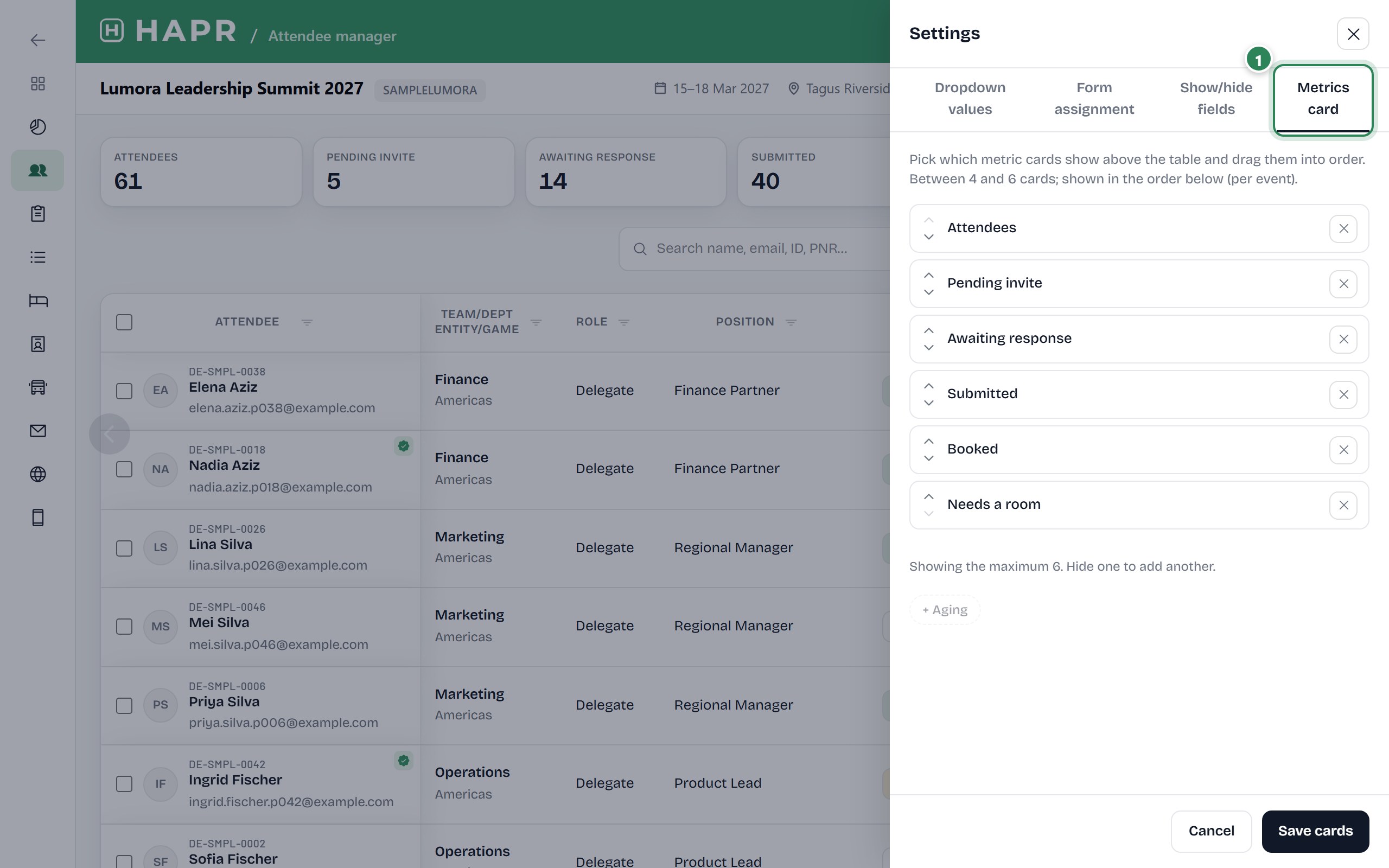 The Metrics card tab of the attendee settings.