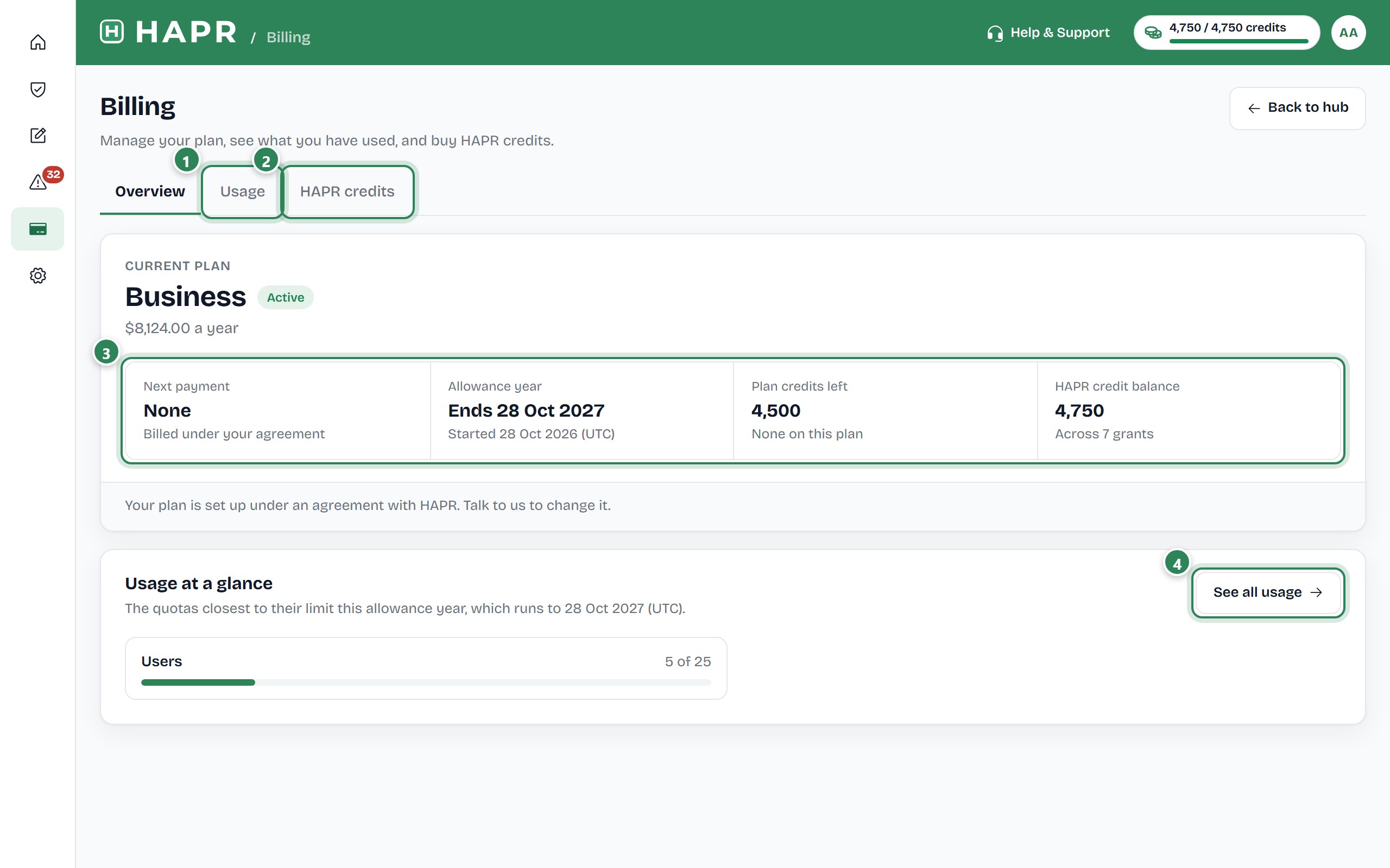 The Overview tab of Billing.