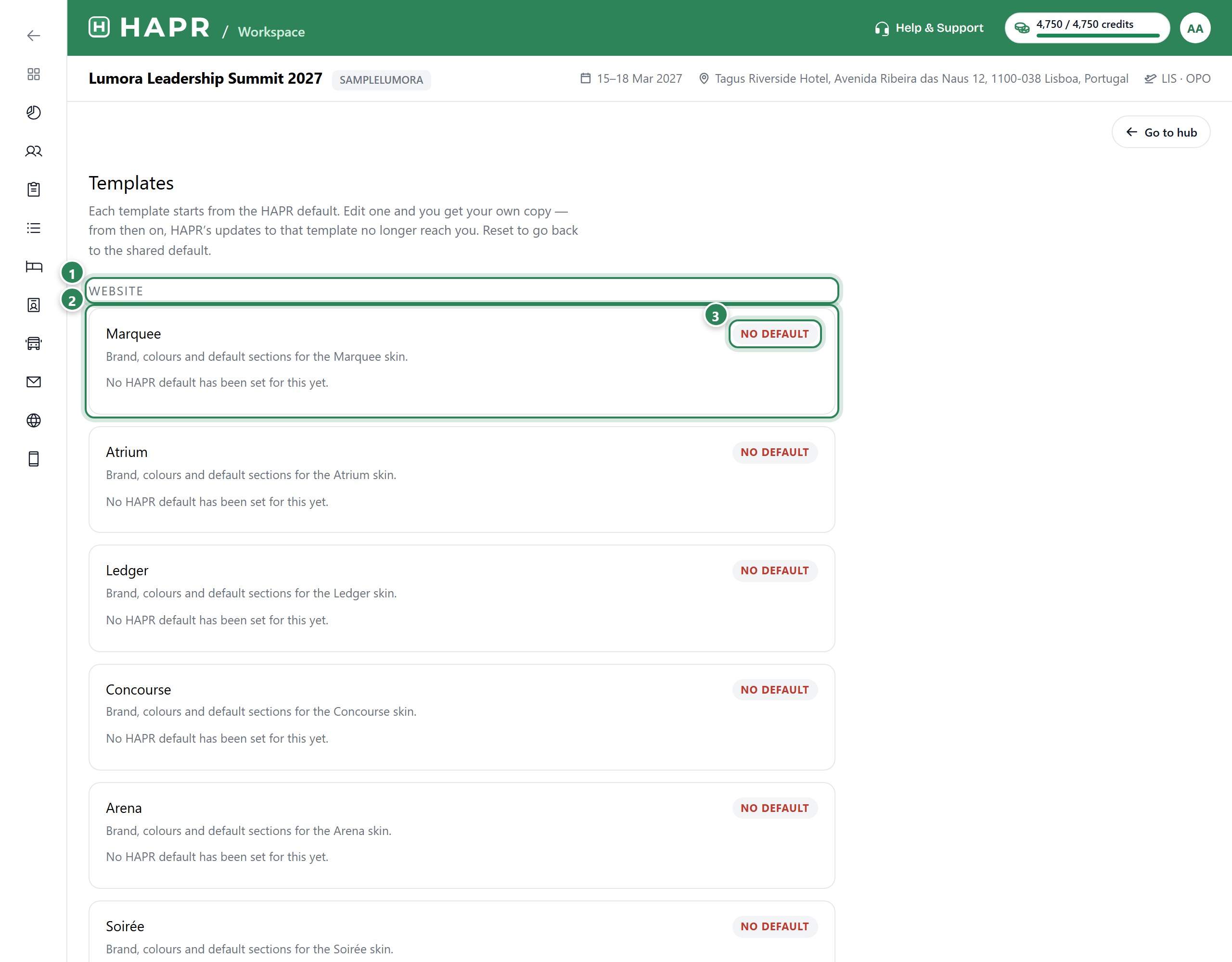 The templates of an event, grouped by website, email, registration and app.