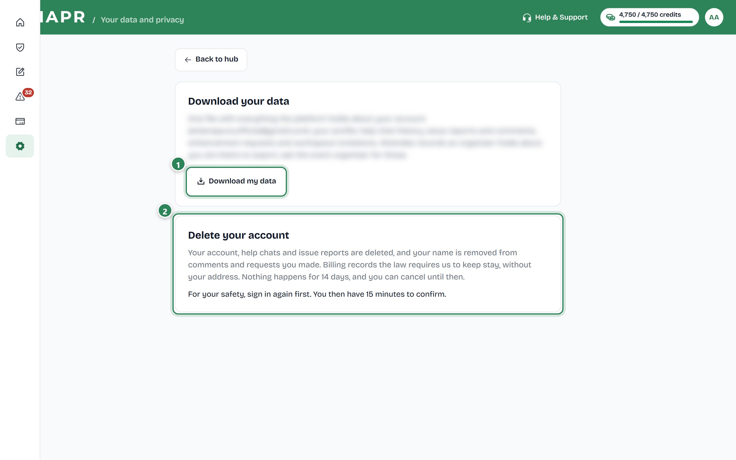 The Your data and privacy screen.